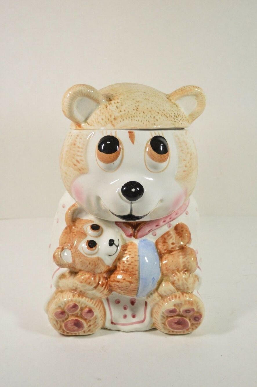Ceramic Teddy Bear Cookie Jar Canister Carrying Baby Made Taiwan Vintage